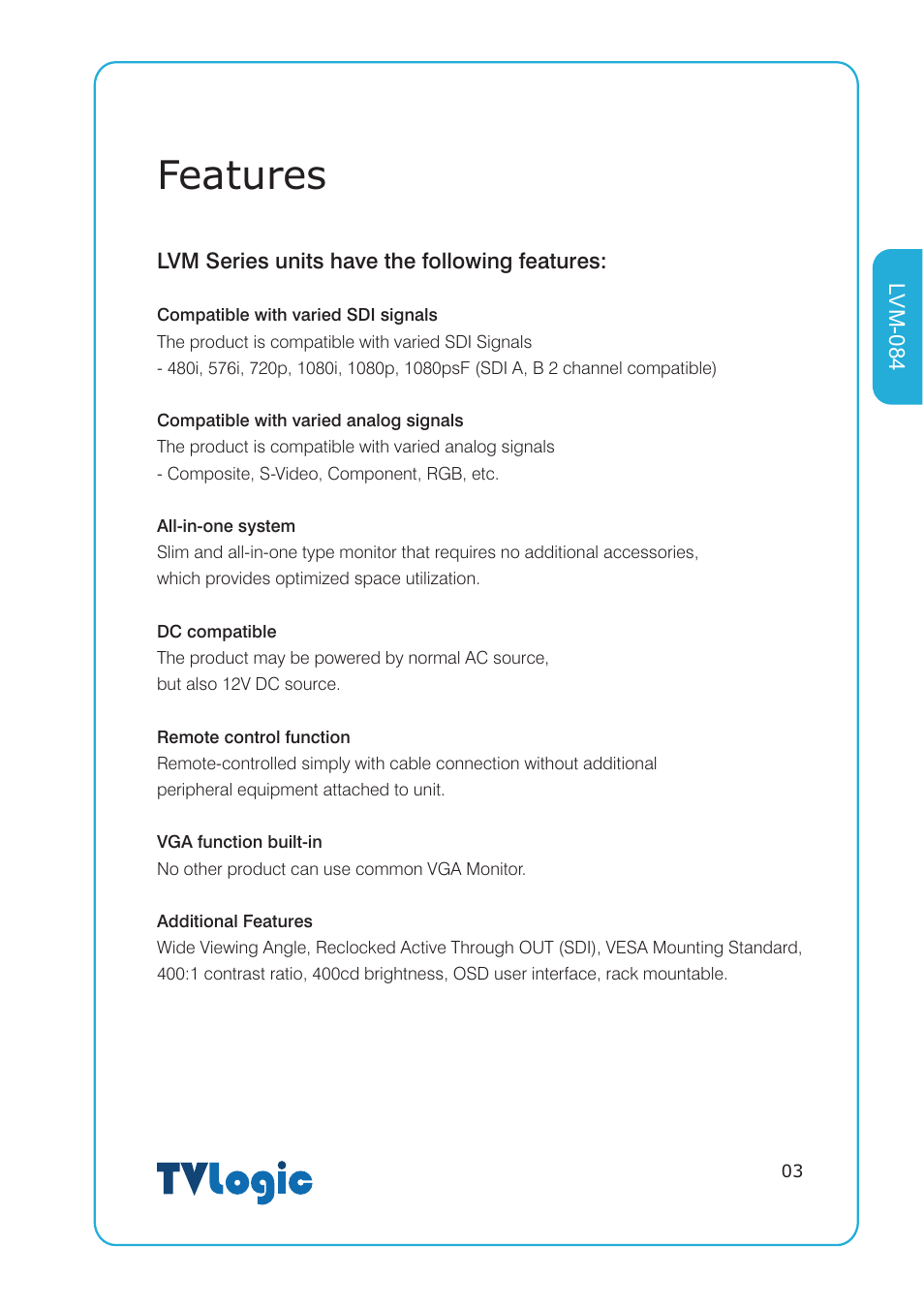 Features | TVLogic LVM-084 User Manual | Page 3 / 24