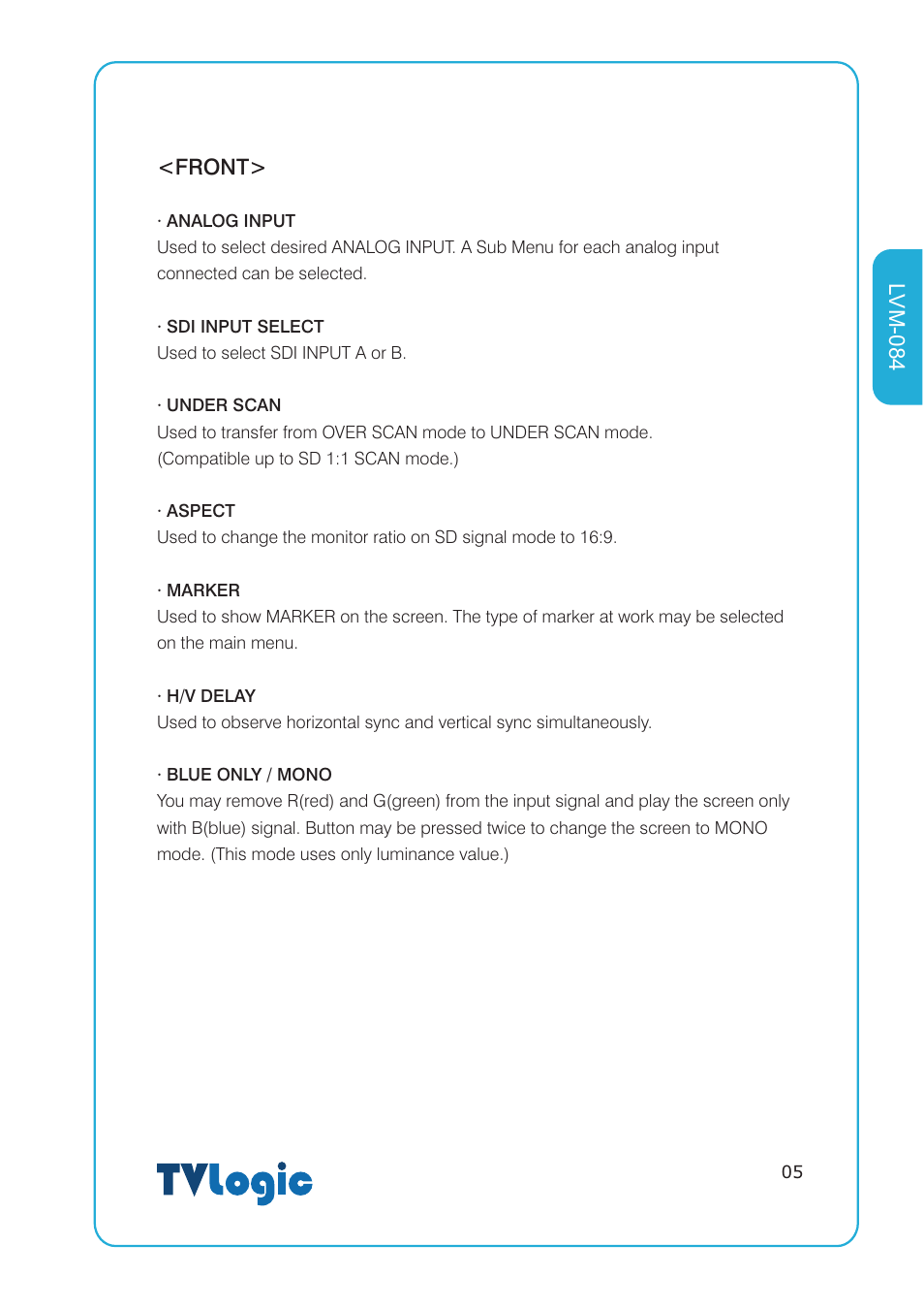 Front, Lvm-084 | TVLogic LVM-084 User Manual | Page 5 / 24