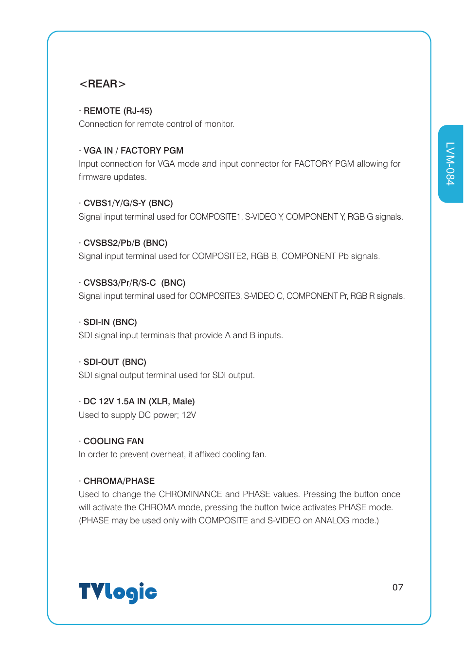 Rear, Lvm-084 | TVLogic LVM-084 User Manual | Page 7 / 24