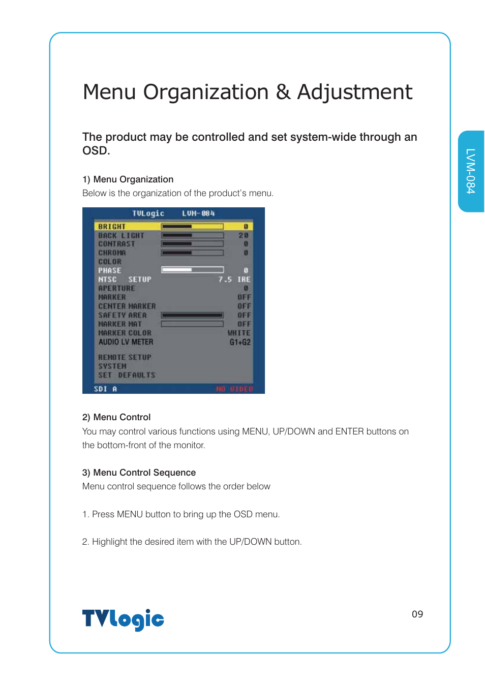 Menu organization & adjustment | TVLogic LVM-084 User Manual | Page 9 / 24