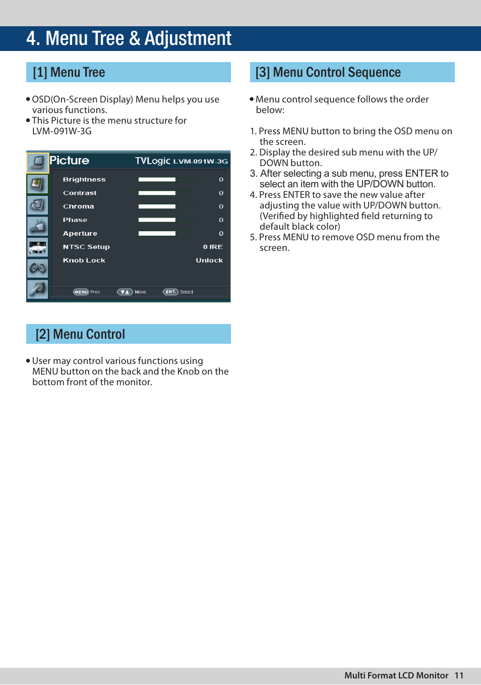 Menu tree & adjustment | TVLogic LVM-091W-3G User Manual | Page 11 / 40