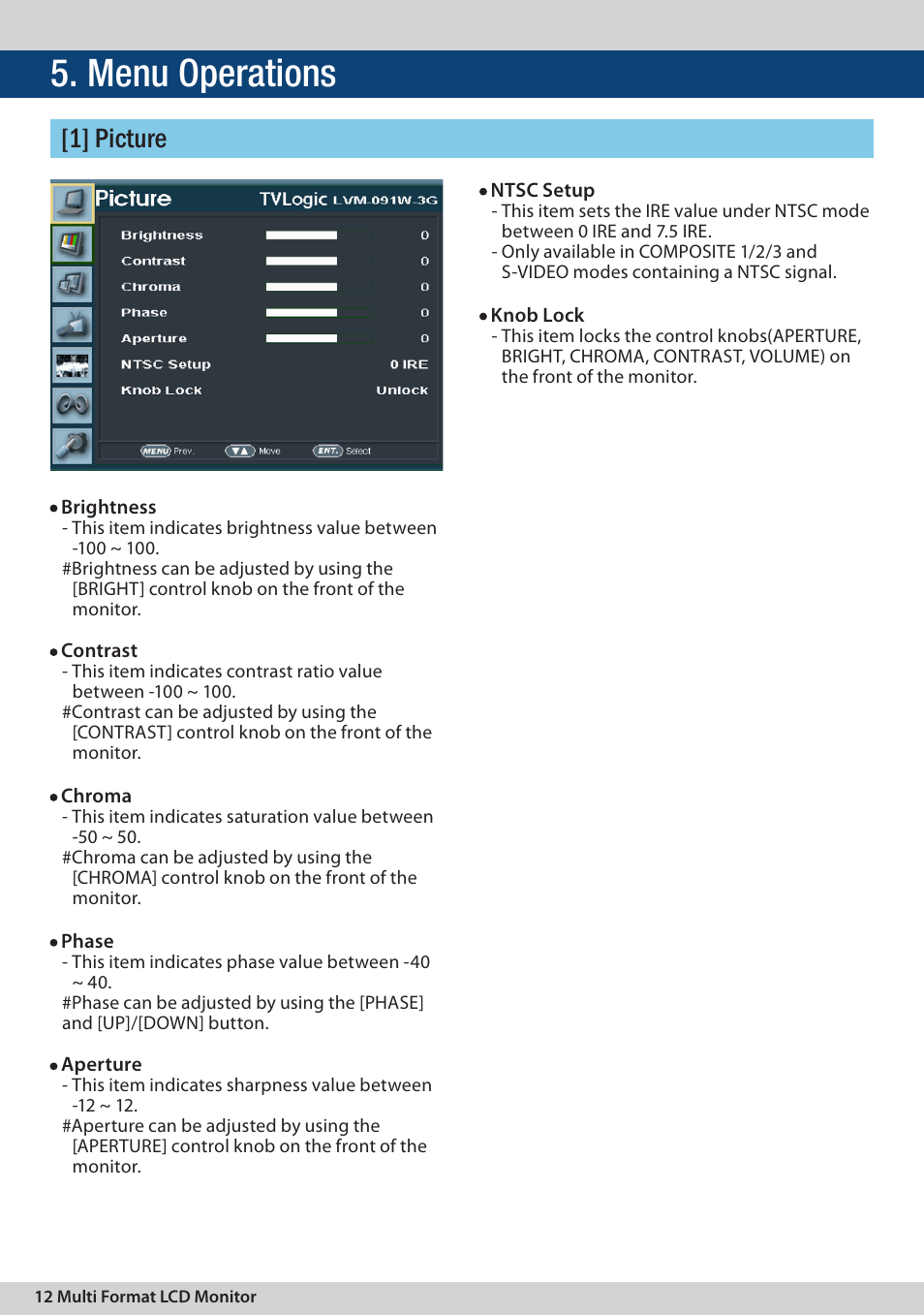 Menu operations, 1] picture | TVLogic LVM-091W-3G User Manual | Page 12 / 40