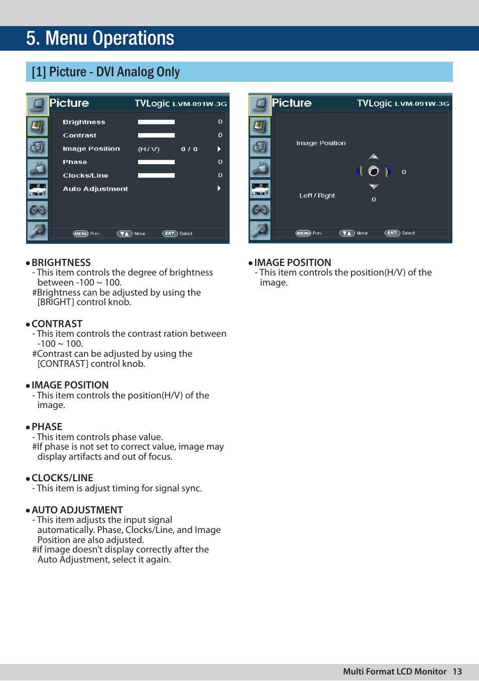 Menu operations, 1] picture - dvi analog only | TVLogic LVM-091W-3G User Manual | Page 13 / 40