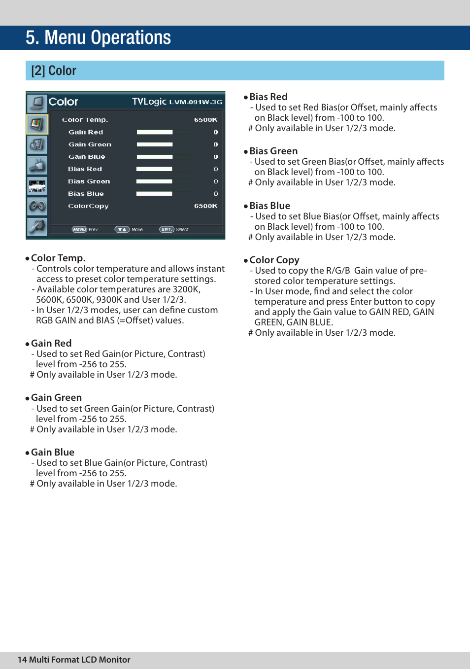 Menu operations, 2] color | TVLogic LVM-091W-3G User Manual | Page 14 / 40