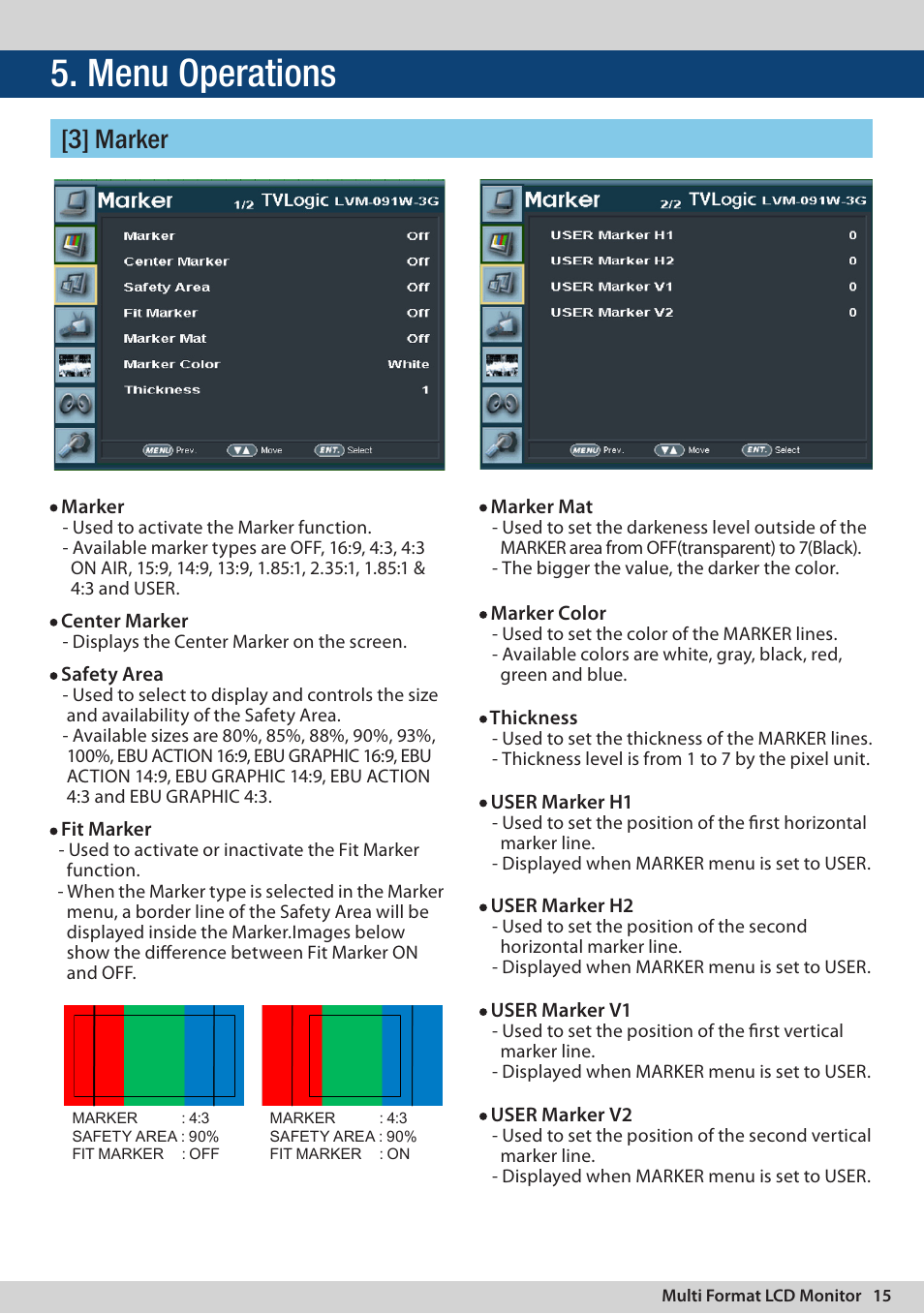 Menu operations, 3] marker | TVLogic LVM-091W-3G User Manual | Page 15 / 40