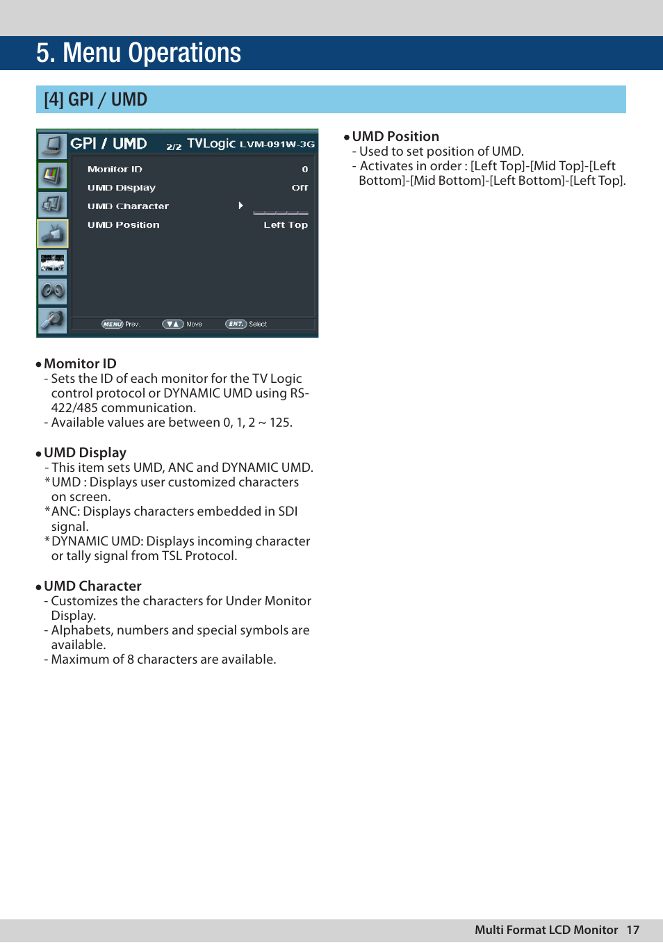 Menu operations, 4] gpi / umd | TVLogic LVM-091W-3G User Manual | Page 17 / 40