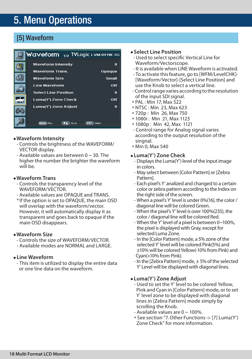 Menu operations, 5] waveform | TVLogic LVM-091W-3G User Manual | Page 18 / 40