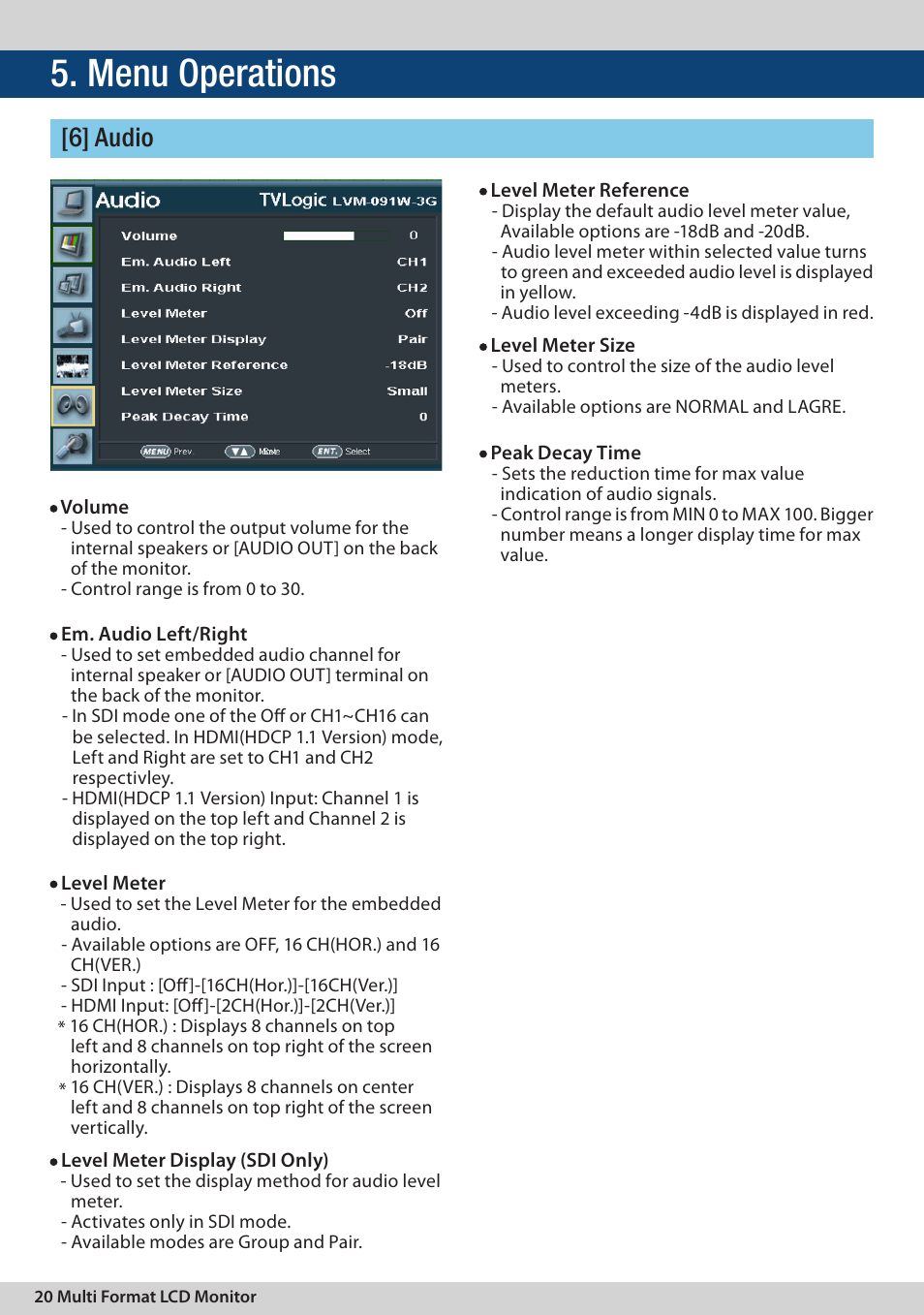 Menu operations, 6] audio | TVLogic LVM-091W-3G User Manual | Page 20 / 40