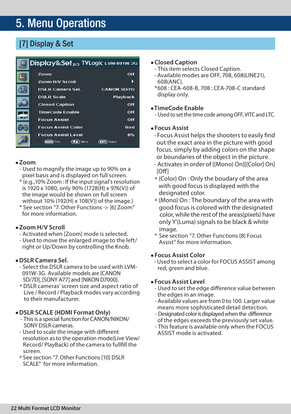 Menu operations, 7] display & set | TVLogic LVM-091W-3G User Manual | Page 22 / 40