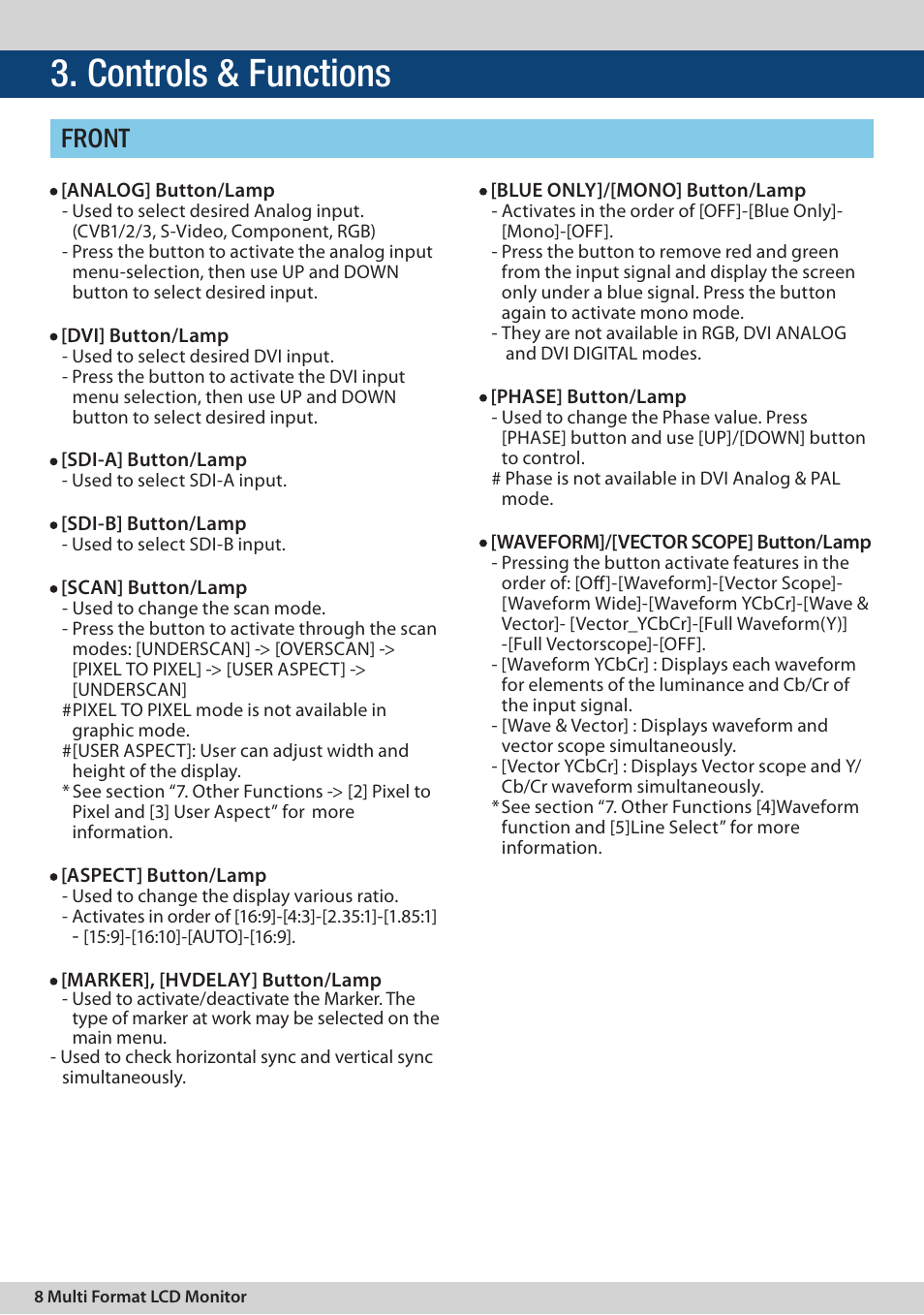 Controls & functions, Front | TVLogic LVM-091W-3G User Manual | Page 8 / 40