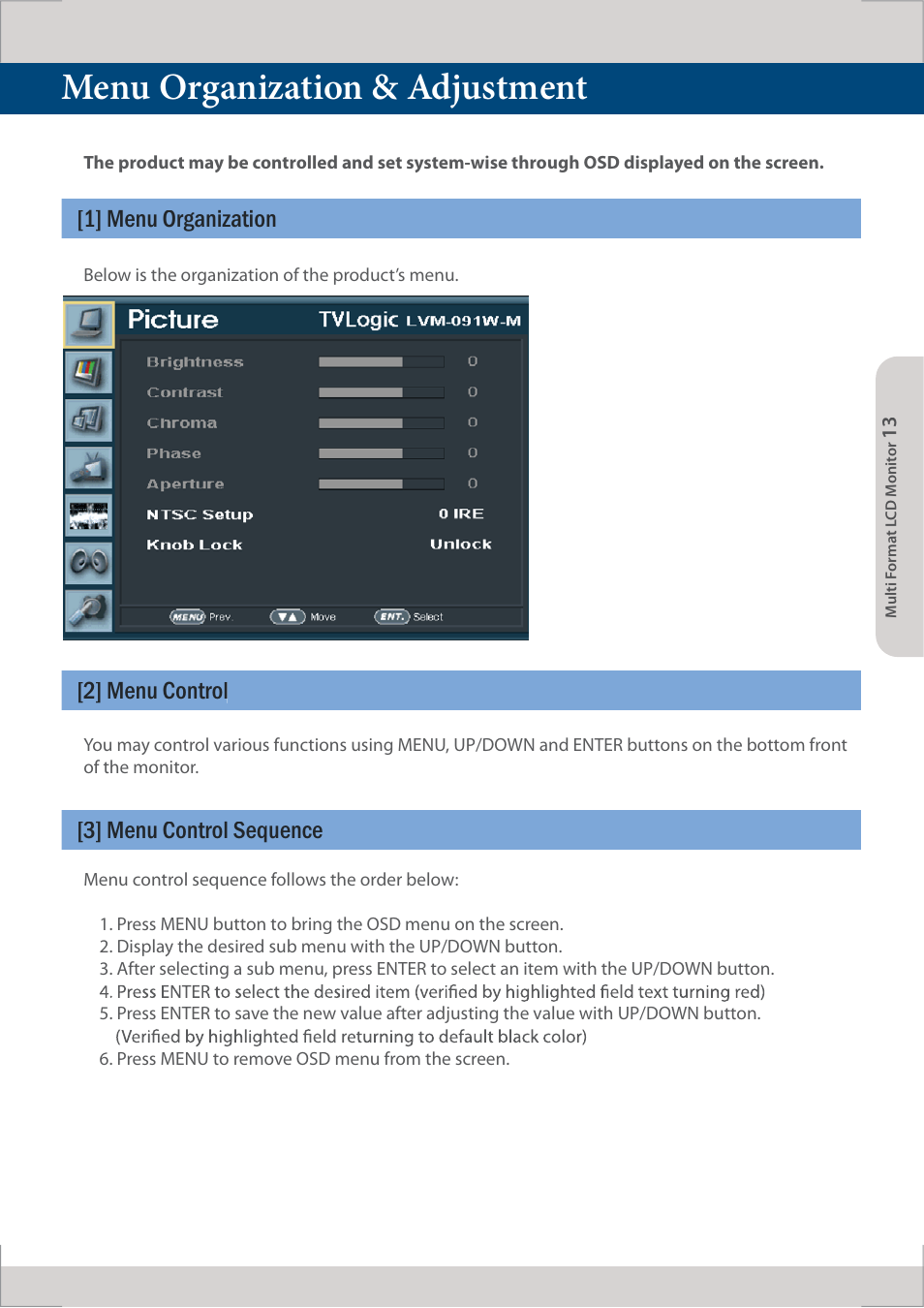 Menu organization & adjustment, 1] menu organization, 2] menu control [3] menu control sequence | TVLogic LVM-091W-M User Manual | Page 13 / 40