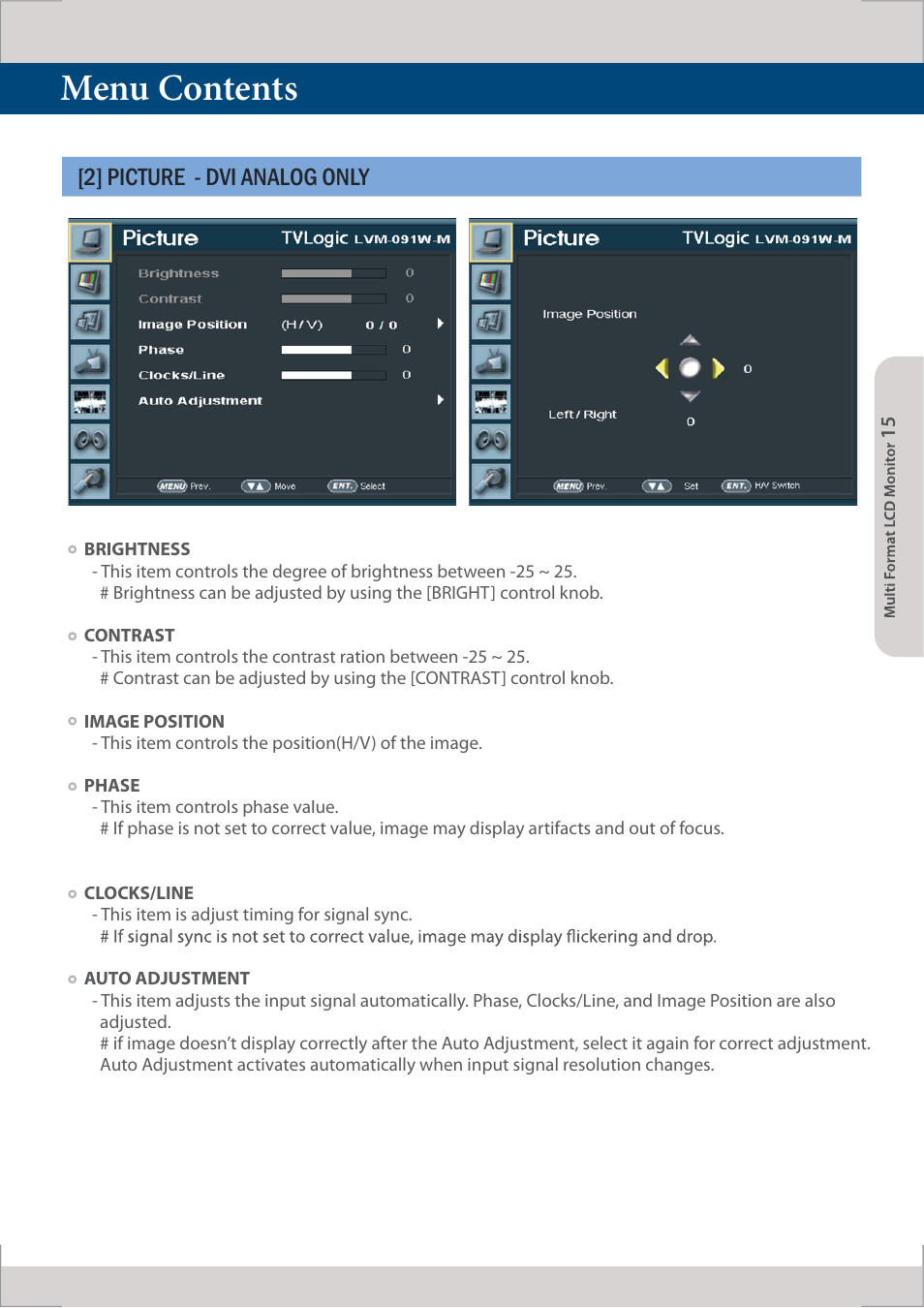 Menu contents, 2] picture - dvi analog only | TVLogic LVM-091W-M User Manual | Page 15 / 40