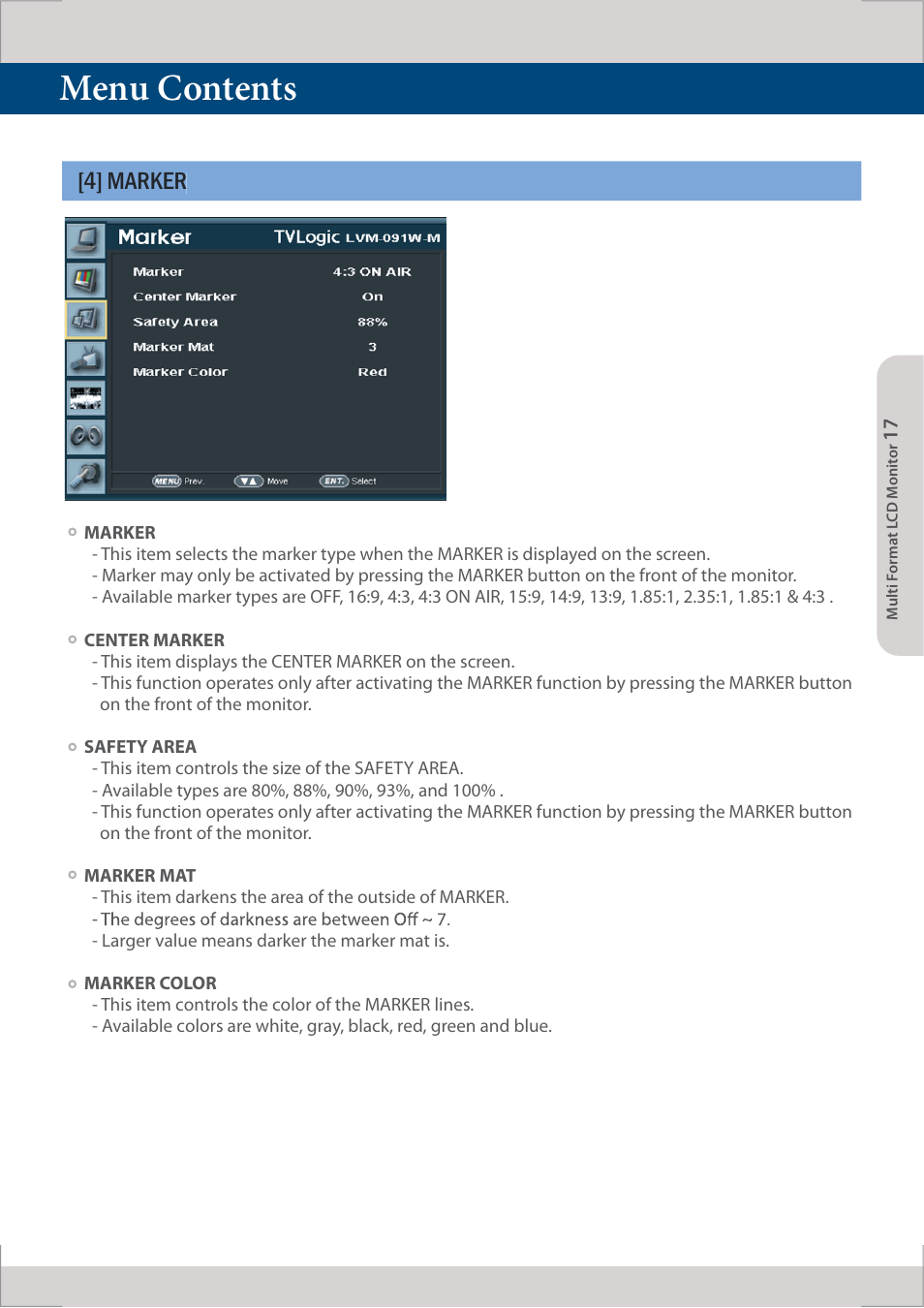 Menu contents, 4] marker | TVLogic LVM-091W-M User Manual | Page 17 / 40