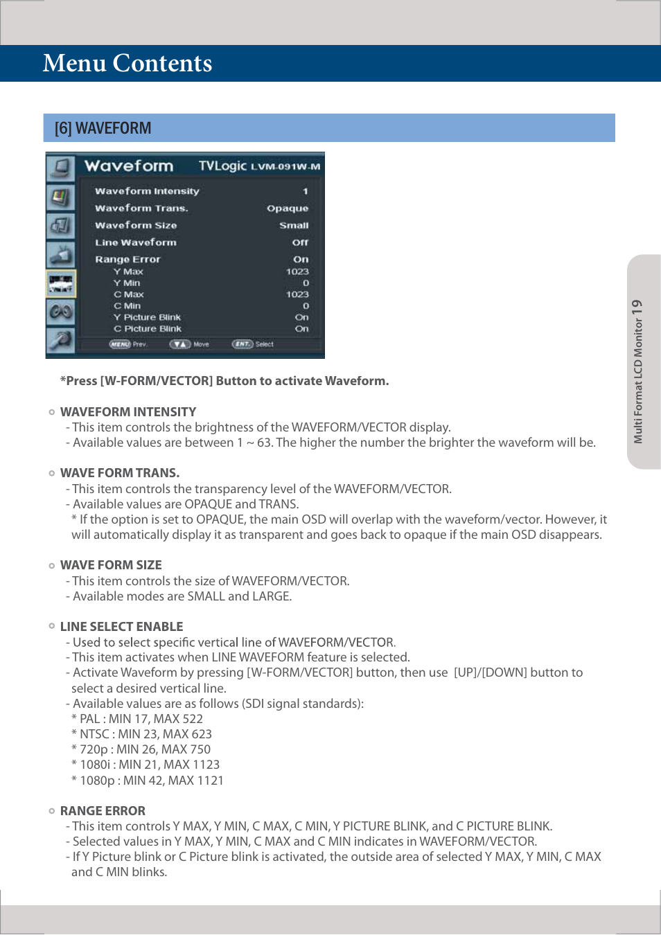 Menu contents, 6] waveform | TVLogic LVM-091W-M User Manual | Page 19 / 40