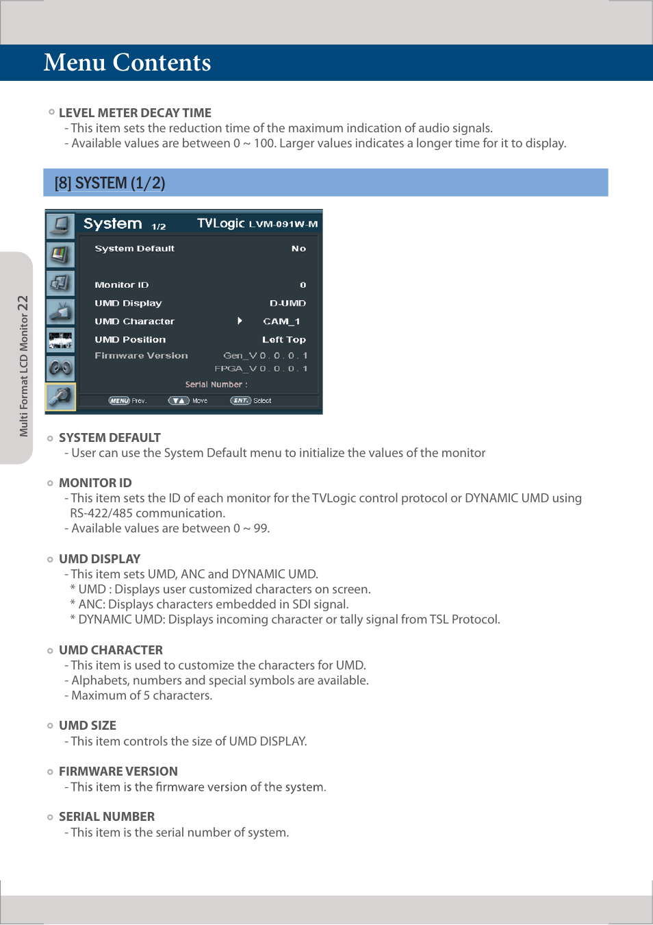 Menu contents, 8] system (1/2) | TVLogic LVM-091W-M User Manual | Page 22 / 40