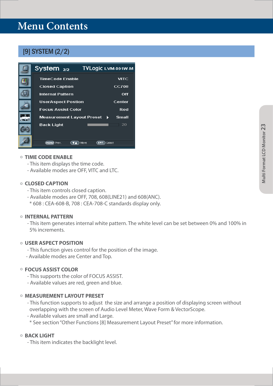 Menu contents, 9] system (2/2) | TVLogic LVM-091W-M User Manual | Page 23 / 40