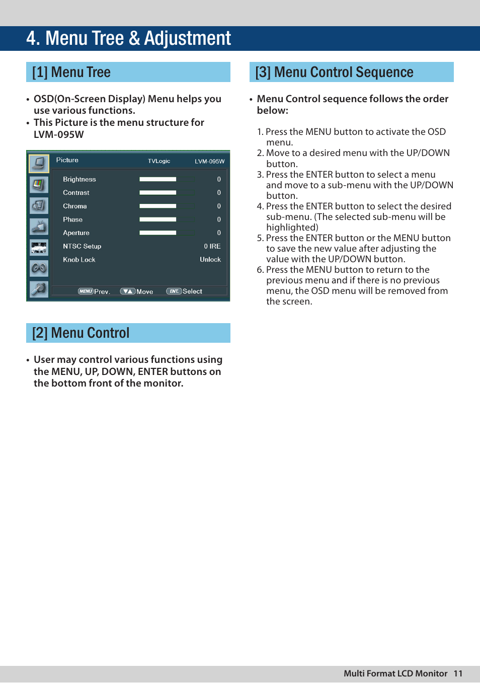 Menu tree & adjustment, 1] menu tree, 2] menu control [3] menu control sequence | TVLogic LVM-095W-N User Manual | Page 11 / 40