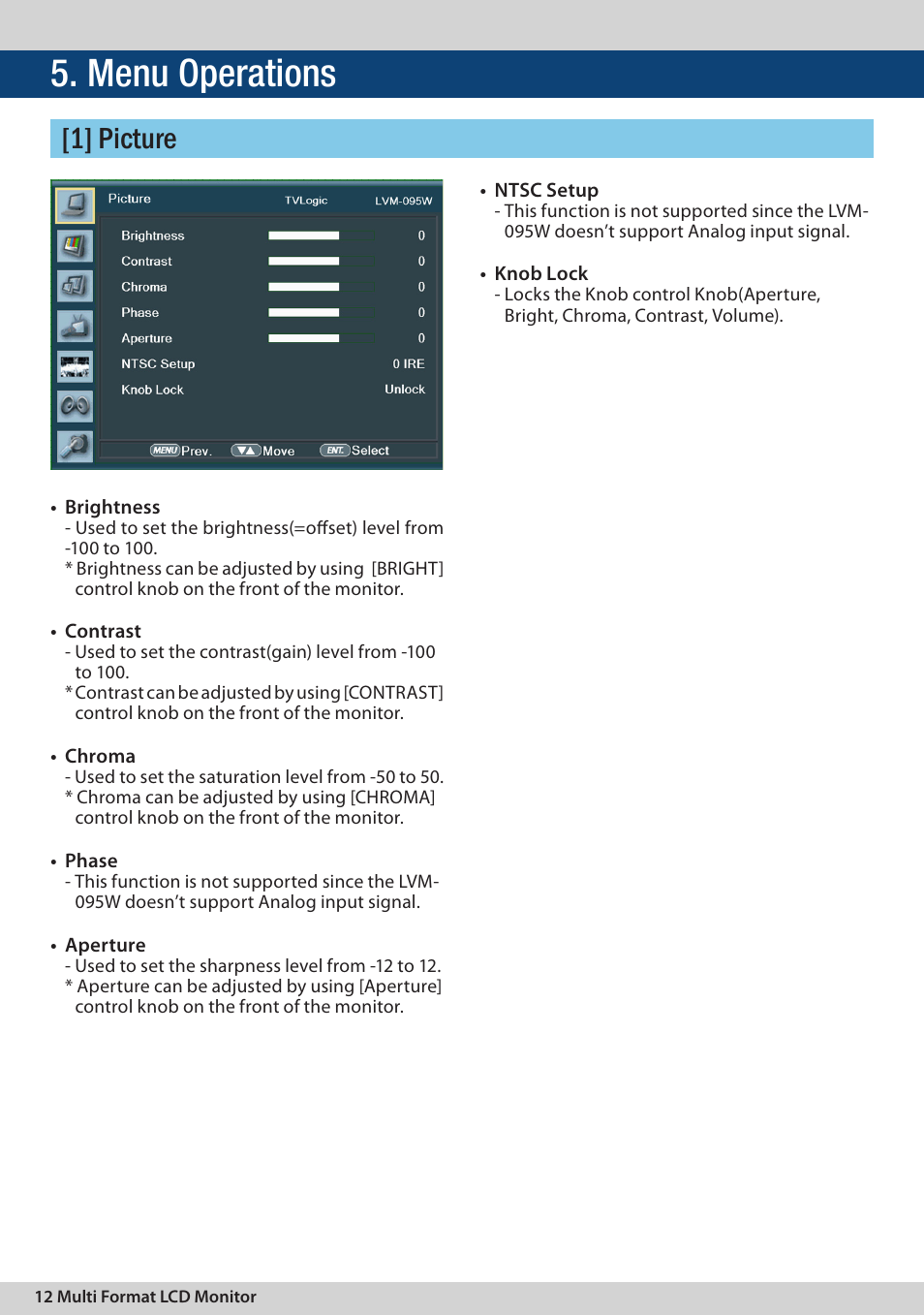 Menu operations, 1] picture | TVLogic LVM-095W-N User Manual | Page 12 / 40