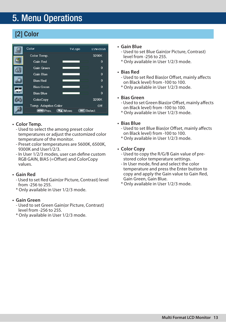 Menu operations, 2] color | TVLogic LVM-095W-N User Manual | Page 13 / 40