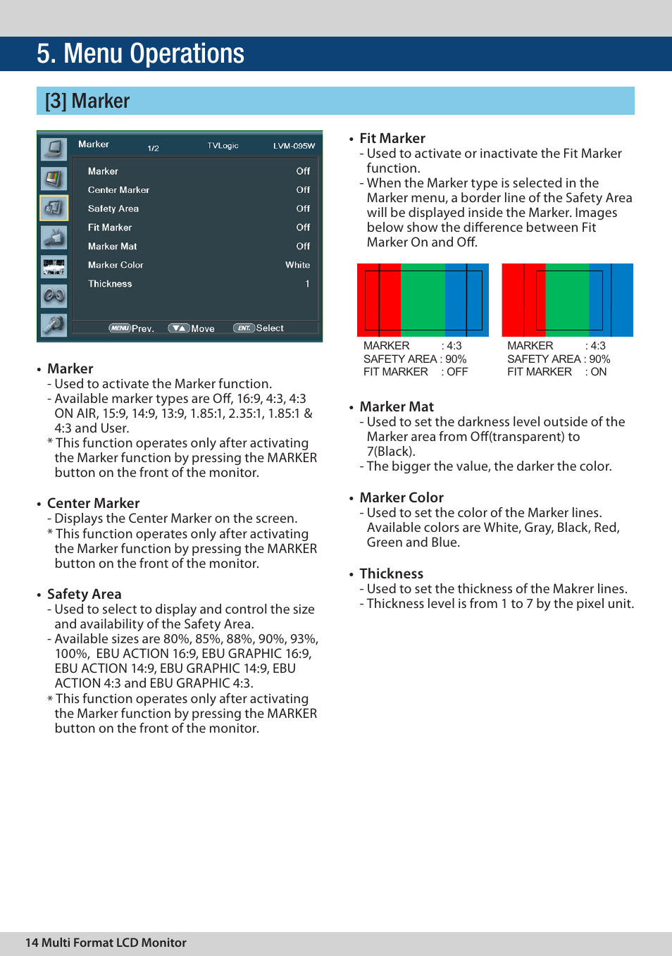 Menu operations, 3] marker | TVLogic LVM-095W-N User Manual | Page 14 / 40