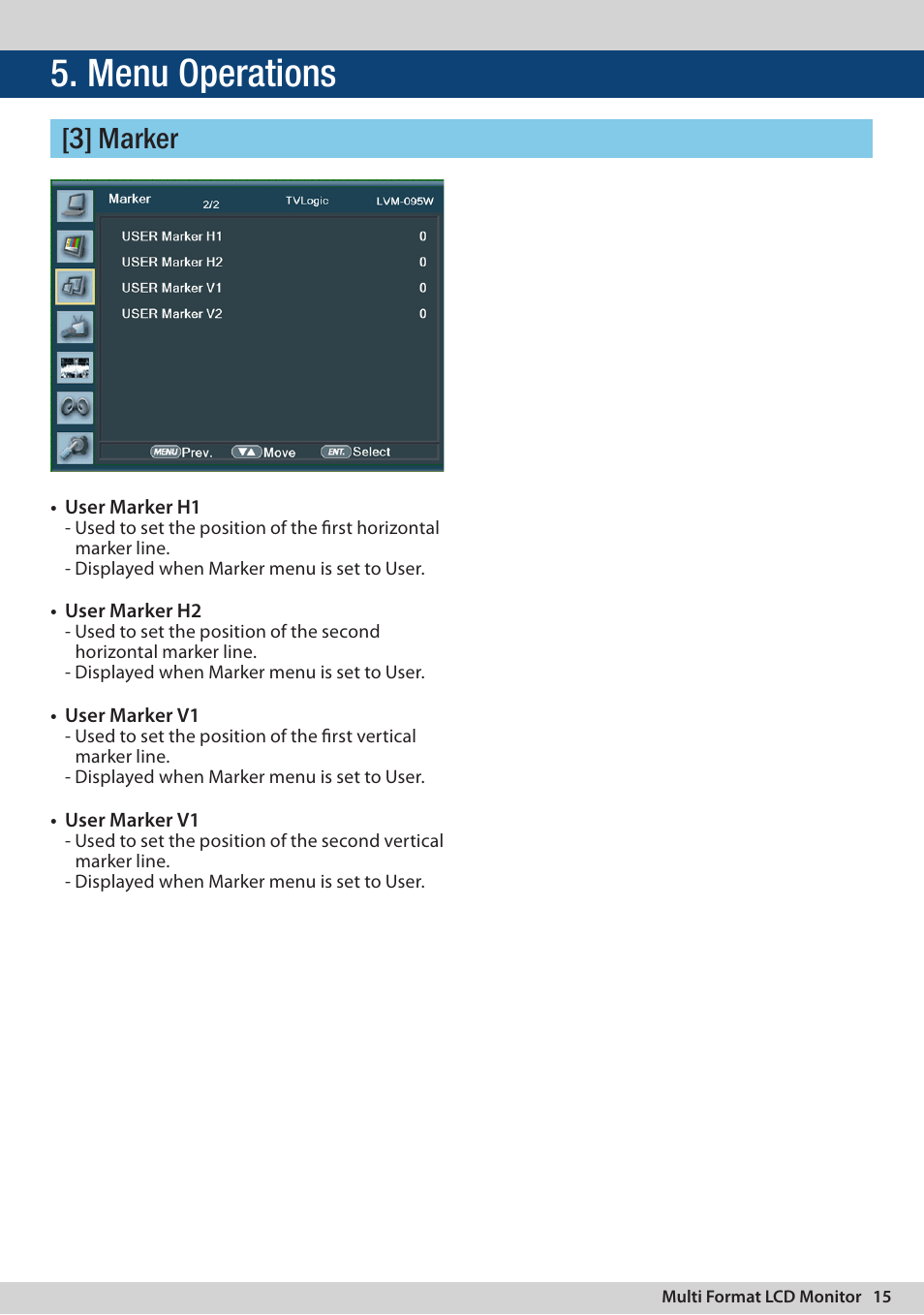 Menu operations, 3] marker | TVLogic LVM-095W-N User Manual | Page 15 / 40