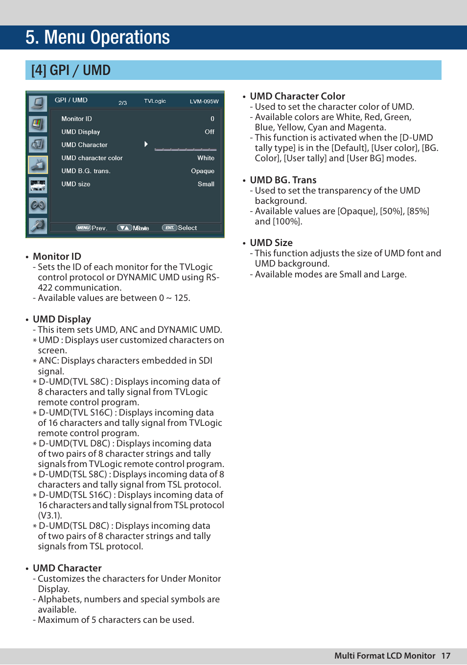 Menu operations, 4] gpi / umd | TVLogic LVM-095W-N User Manual | Page 17 / 40