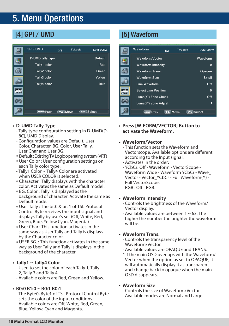 Menu operations, 5] waveform, 4] gpi / umd | TVLogic LVM-095W-N User Manual | Page 18 / 40