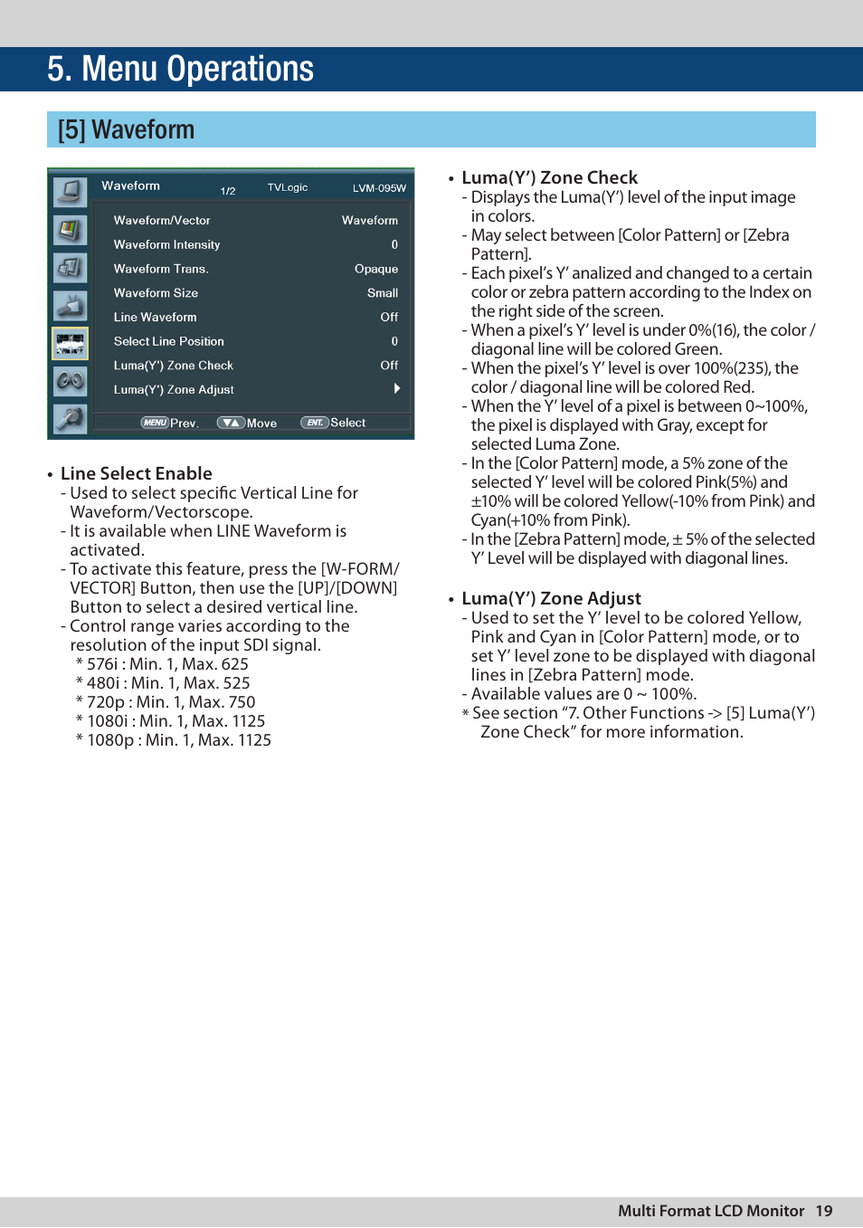 Menu operations, 5] waveform | TVLogic LVM-095W-N User Manual | Page 19 / 40