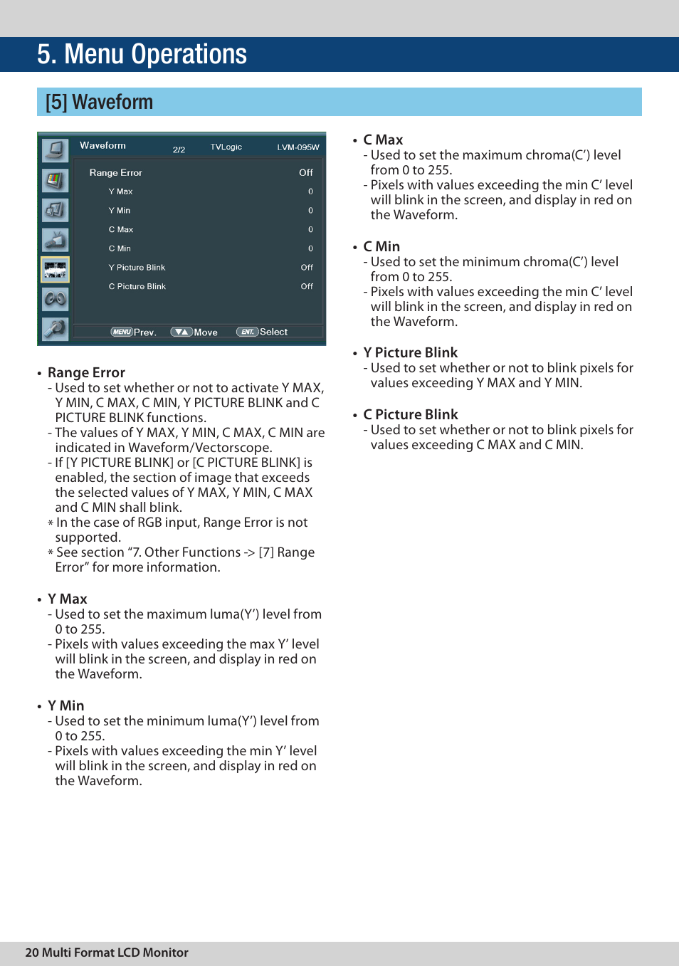 Menu operations, 5] waveform | TVLogic LVM-095W-N User Manual | Page 20 / 40