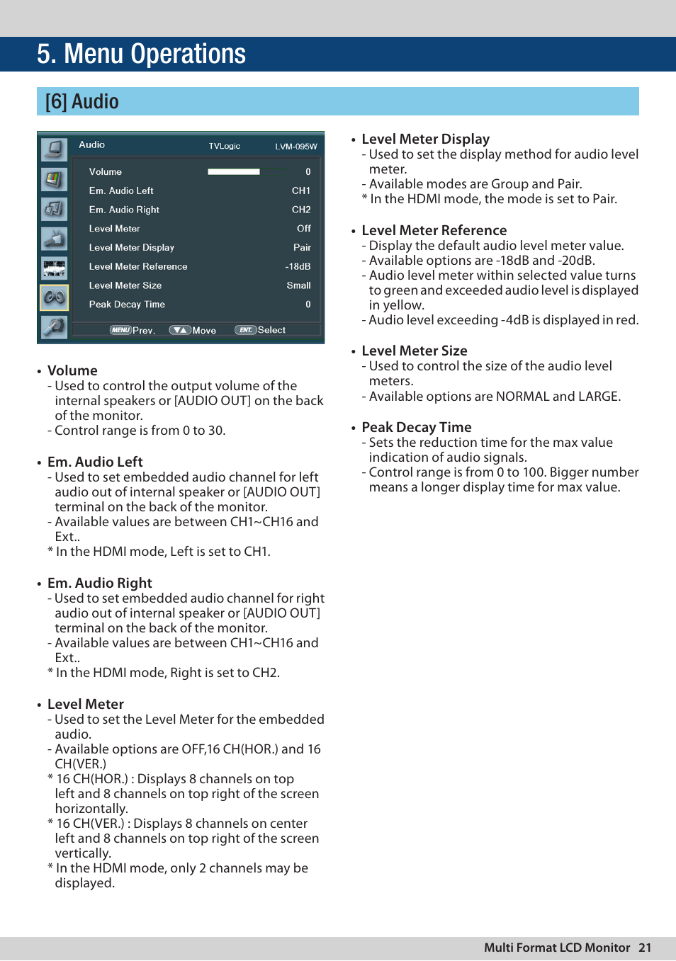 Menu operations, 6] audio | TVLogic LVM-095W-N User Manual | Page 21 / 40