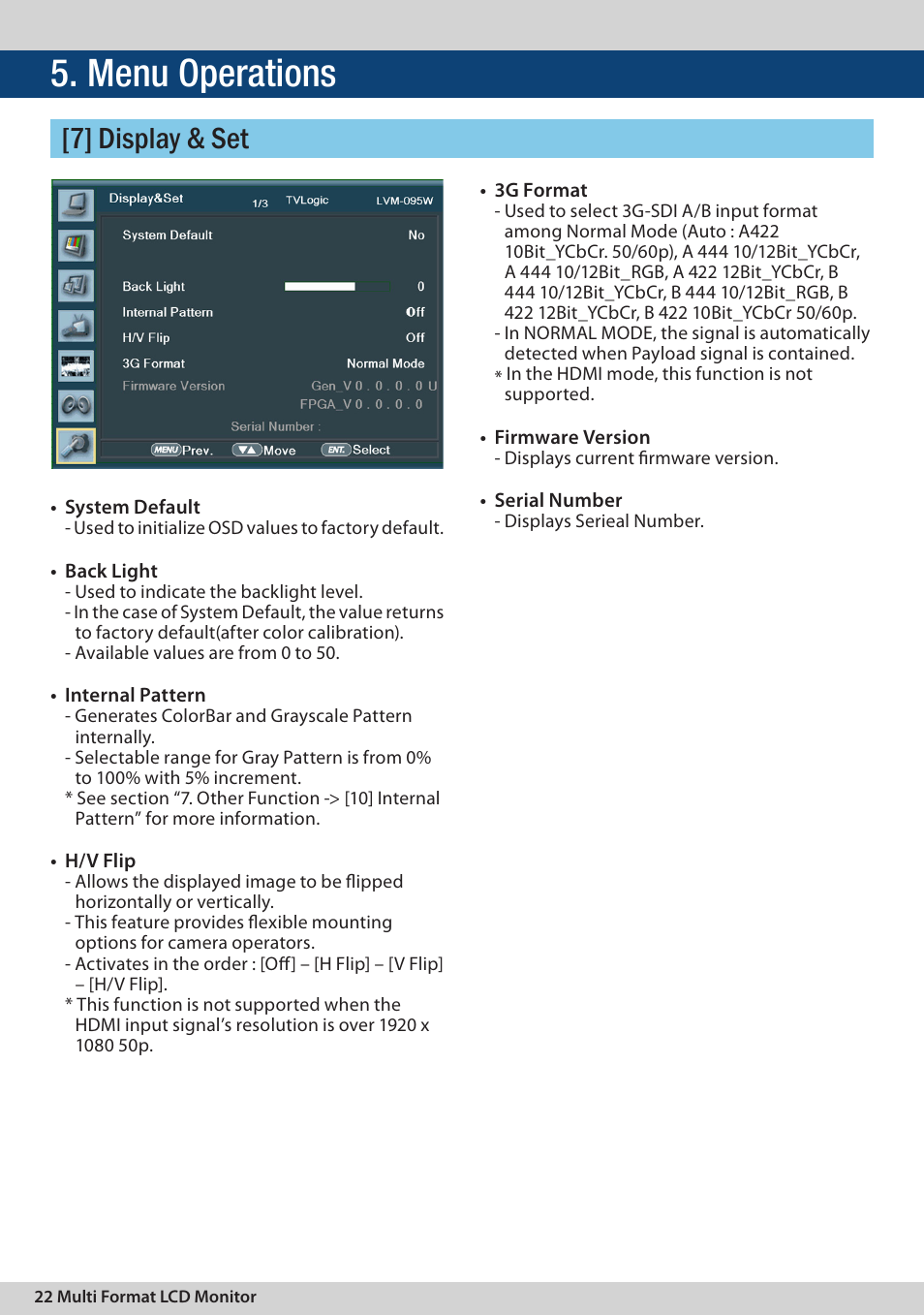 Menu operations, 7] display & set | TVLogic LVM-095W-N User Manual | Page 22 / 40