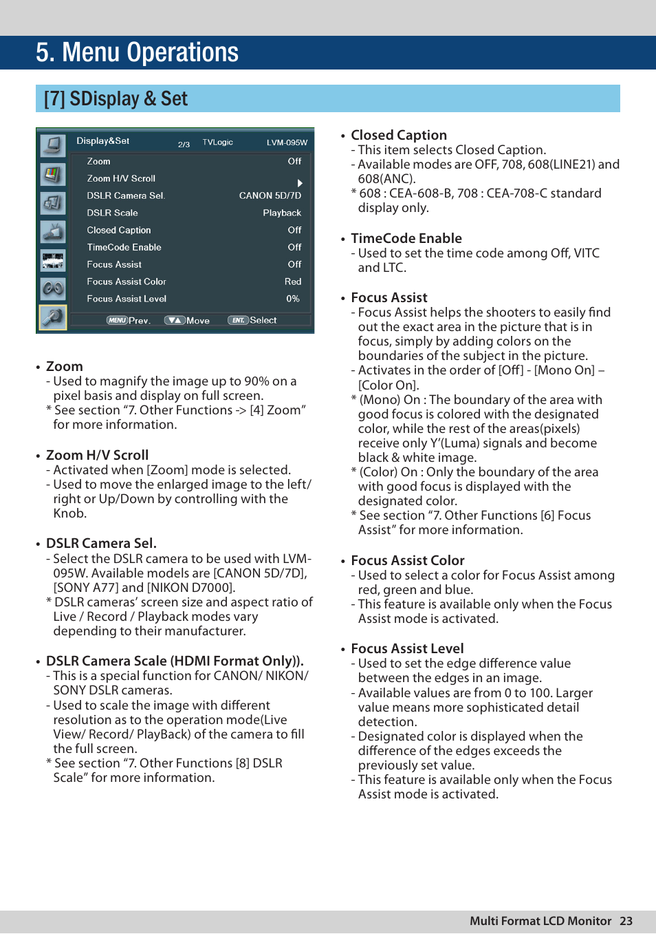 Menu operations, 7] sdisplay & set | TVLogic LVM-095W-N User Manual | Page 23 / 40