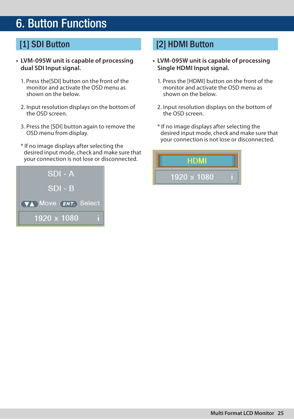 Button functions, 2] hdmi button [1] sdi button | TVLogic LVM-095W-N User Manual | Page 25 / 40