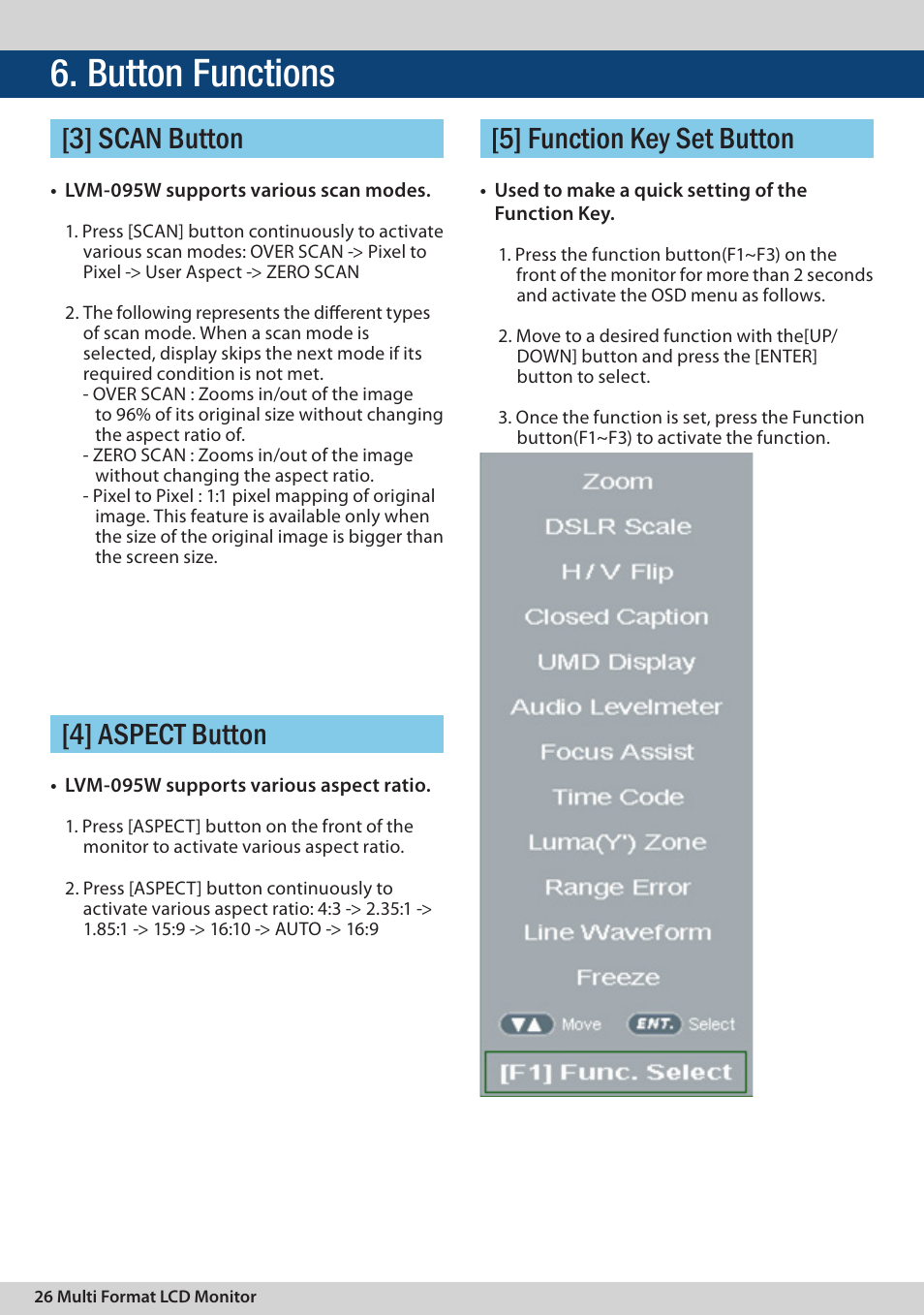 Button functions | TVLogic LVM-095W-N User Manual | Page 26 / 40