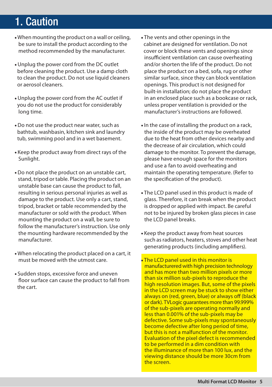 Caution | TVLogic LVM-095W-N User Manual | Page 5 / 40