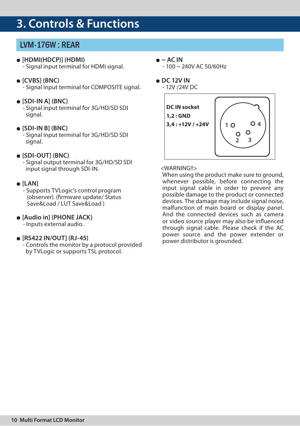 Controls & functions, Lvm-176w : rear | TVLogic LVM-170A User Manual | Page 10 / 64