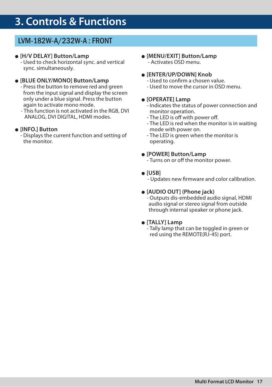 Controls & functions | TVLogic LVM-170A User Manual | Page 17 / 64