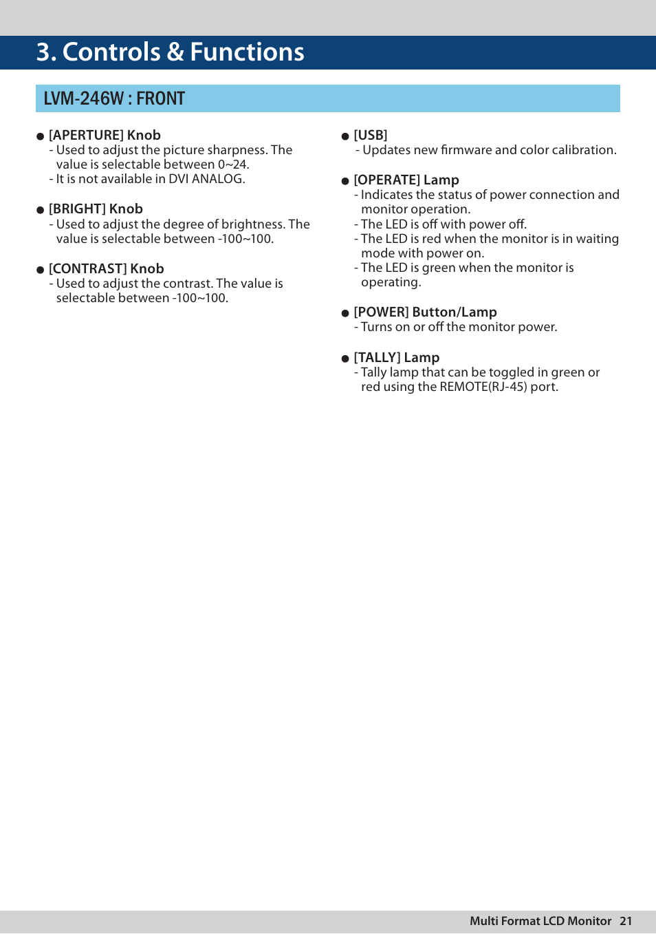 Controls & functions, Lvm-246w : front | TVLogic LVM-170A User Manual | Page 21 / 64