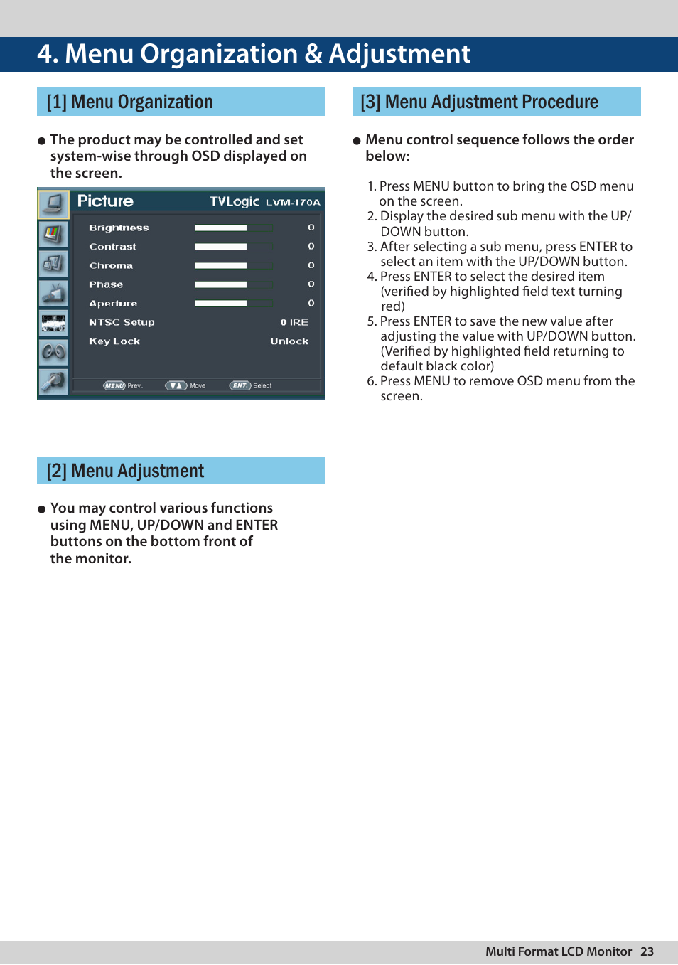 Menu organization & adjustment | TVLogic LVM-170A User Manual | Page 23 / 64