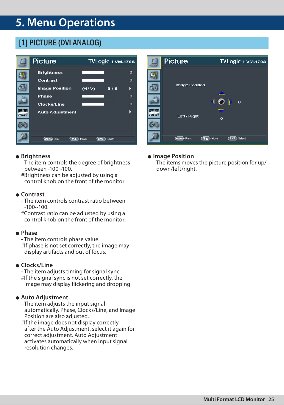 Menu operations, 1] picture (dvi analog) | TVLogic LVM-170A User Manual | Page 25 / 64