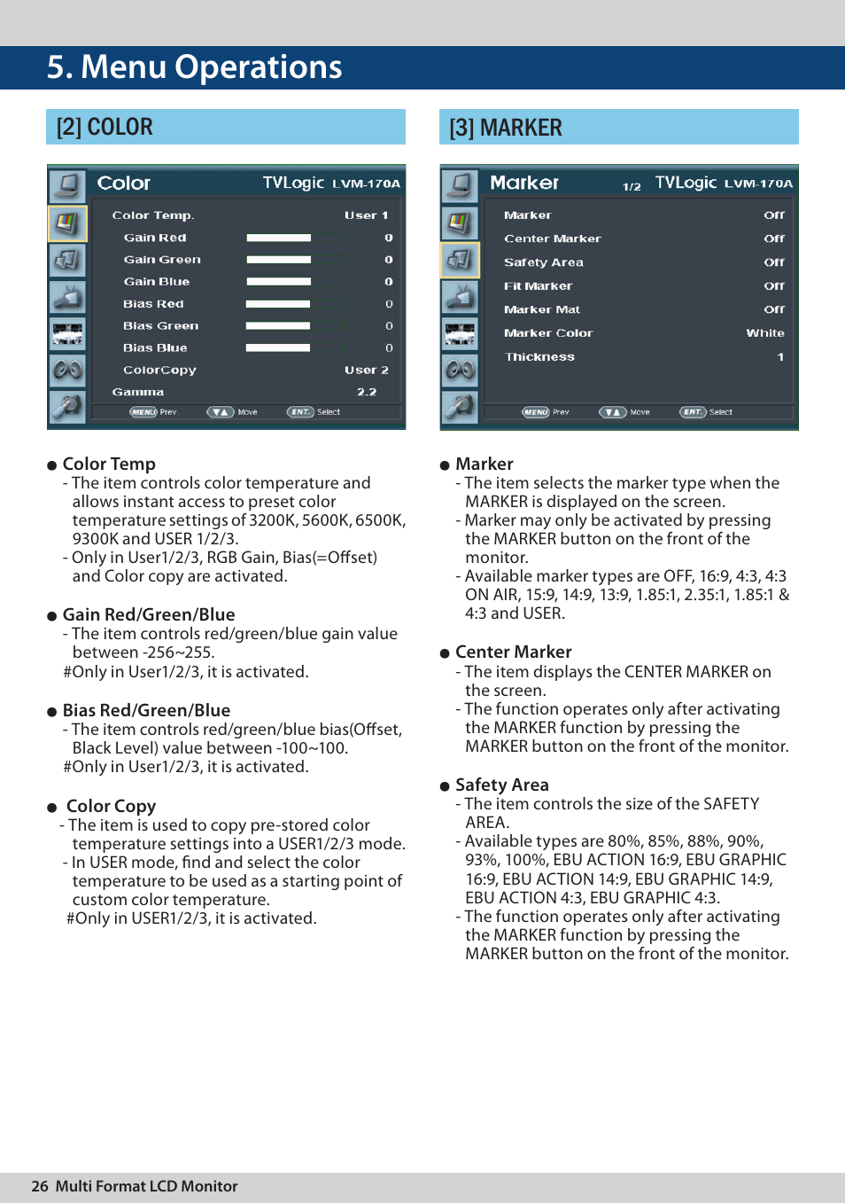 Menu operations, 2] color [3] marker | TVLogic LVM-170A User Manual | Page 26 / 64