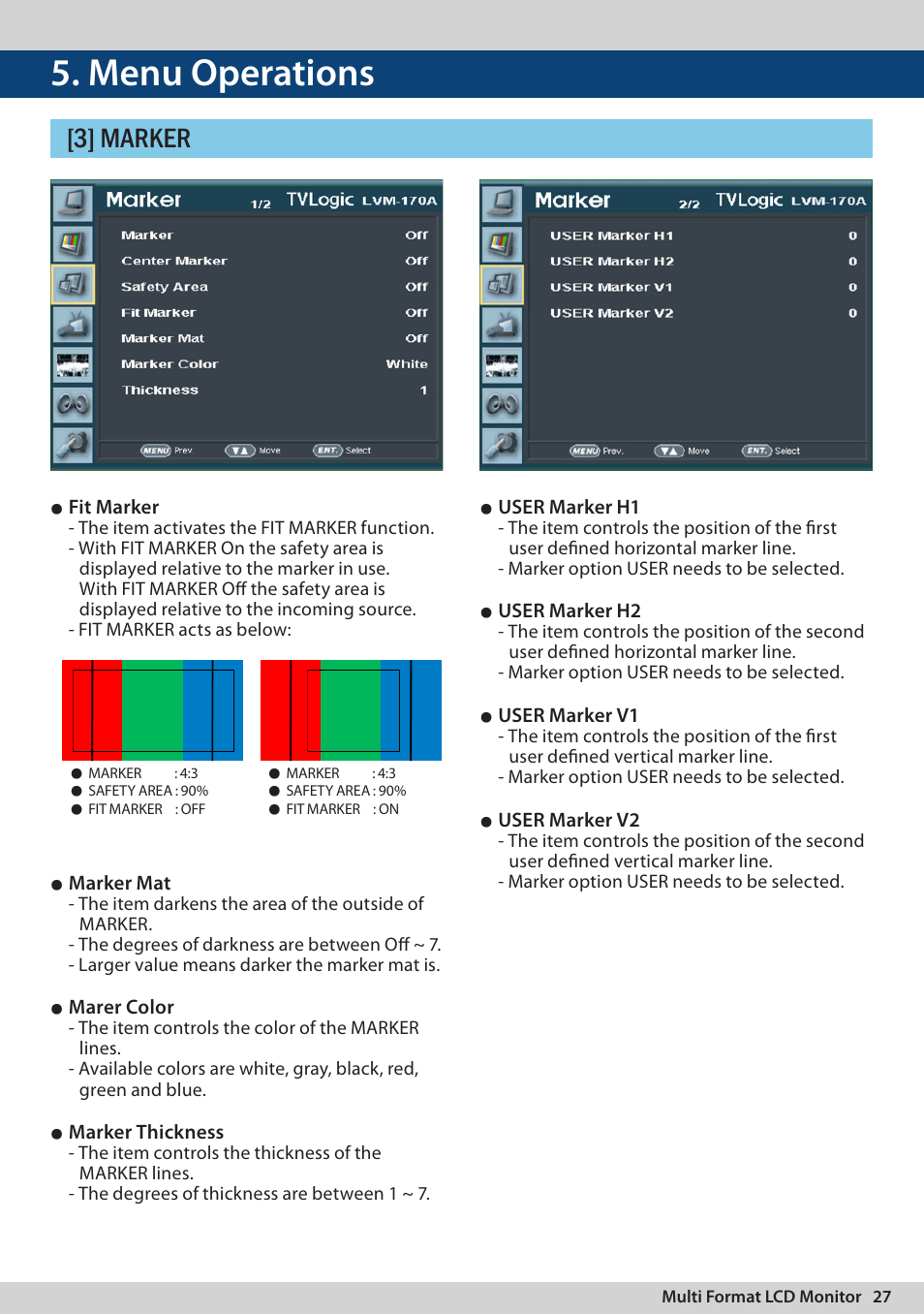 Menu operations, 3] marker, Fit marker | Marker mat, Marer color, Marker thickness, User marker h1, User marker h2, User marker v1, User marker v2 | TVLogic LVM-170A User Manual | Page 27 / 64