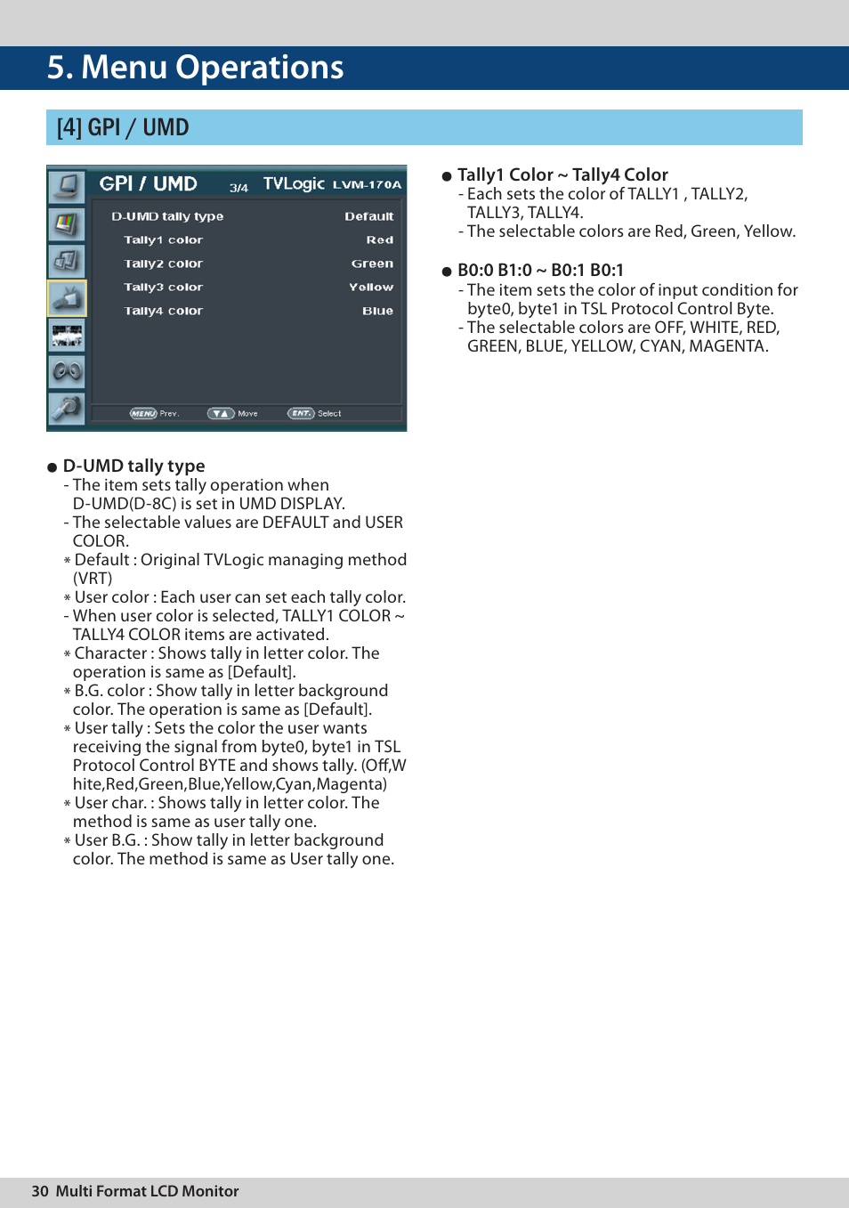 Menu operations, 4] gpi / umd | TVLogic LVM-170A User Manual | Page 30 / 64