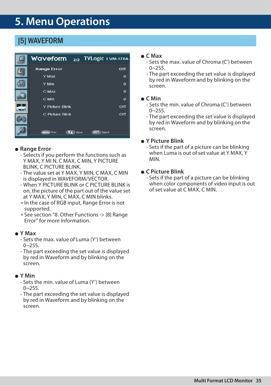 Menu operations, 5] waveform | TVLogic LVM-170A User Manual | Page 35 / 64