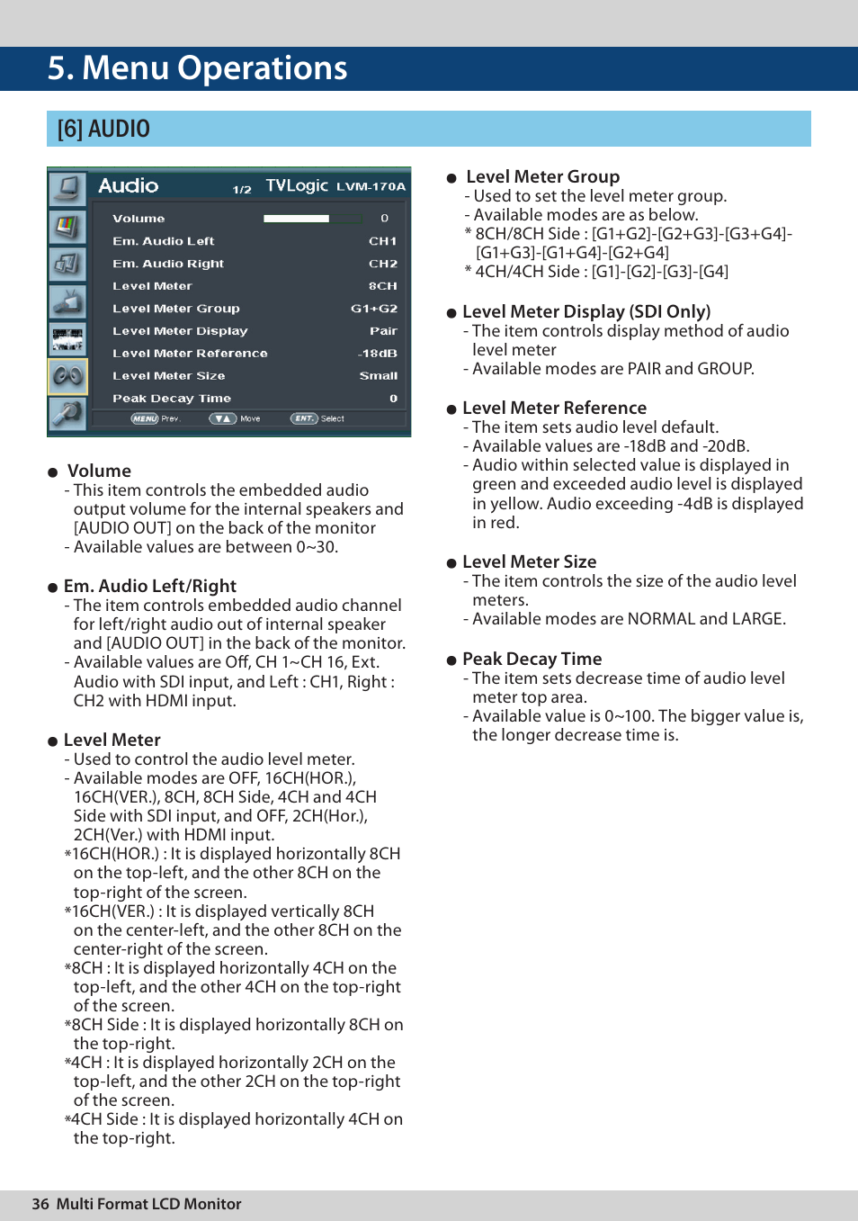 Menu operations, 6] audio | TVLogic LVM-170A User Manual | Page 36 / 64