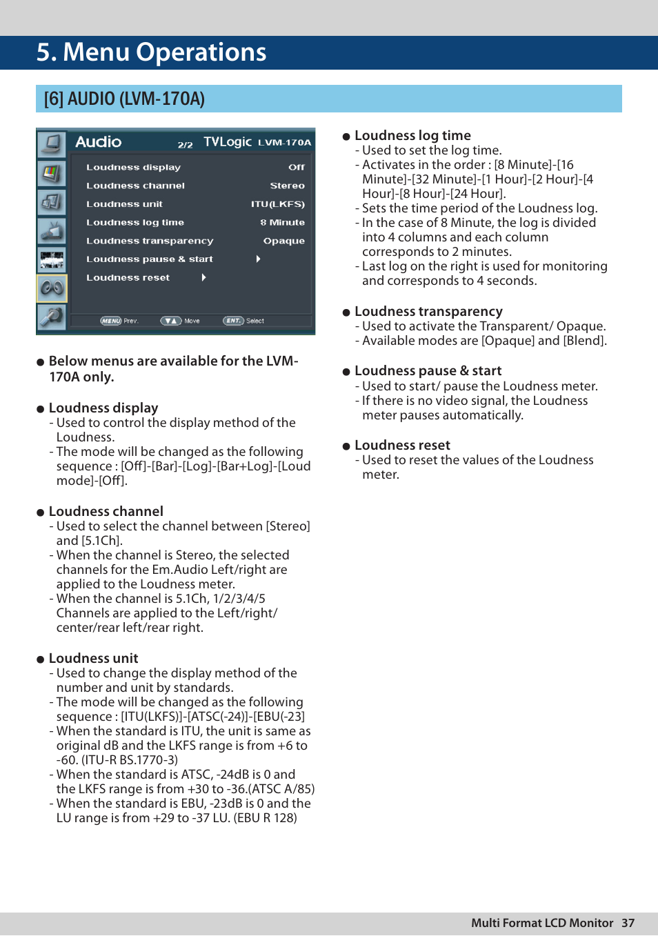 Menu operations, 6] audio (lvm-170a) | TVLogic LVM-170A User Manual | Page 37 / 64