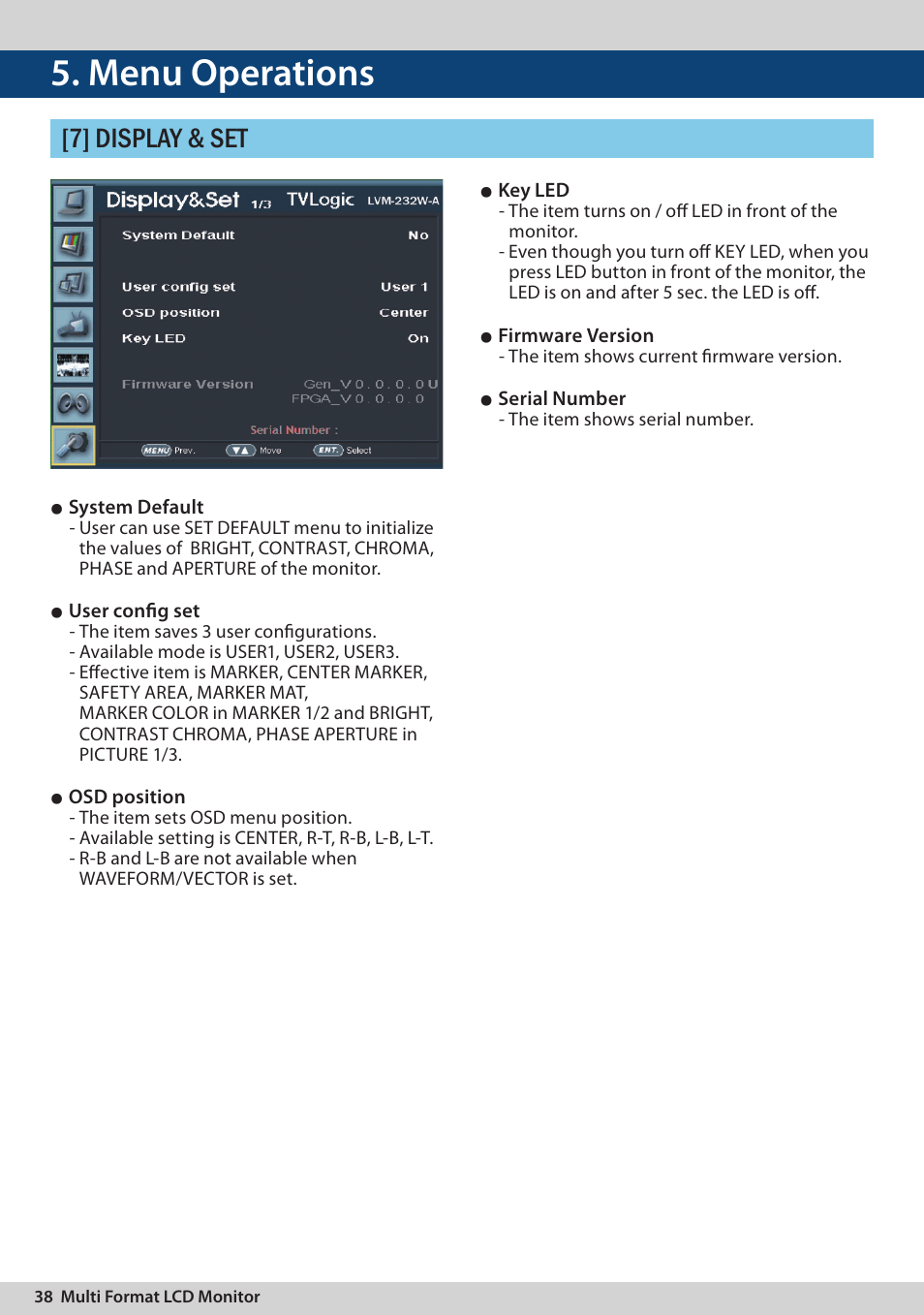 Menu operations, 7] display & set | TVLogic LVM-170A User Manual | Page 38 / 64