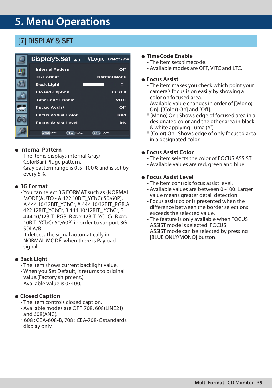Menu operations, 7] display & set | TVLogic LVM-170A User Manual | Page 39 / 64