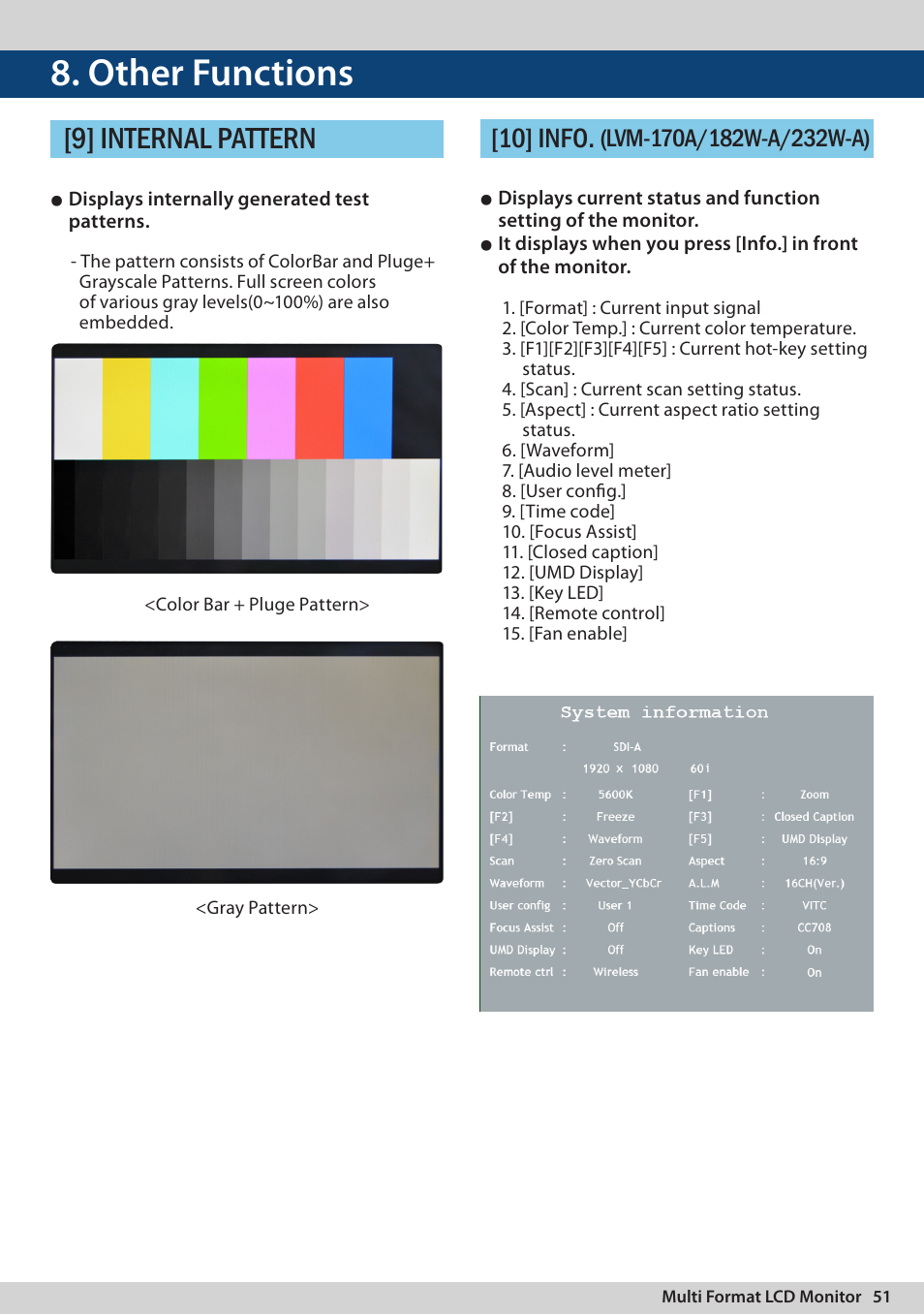 Other functions, 9] internal pattern, 10] info | TVLogic LVM-170A User Manual | Page 51 / 64