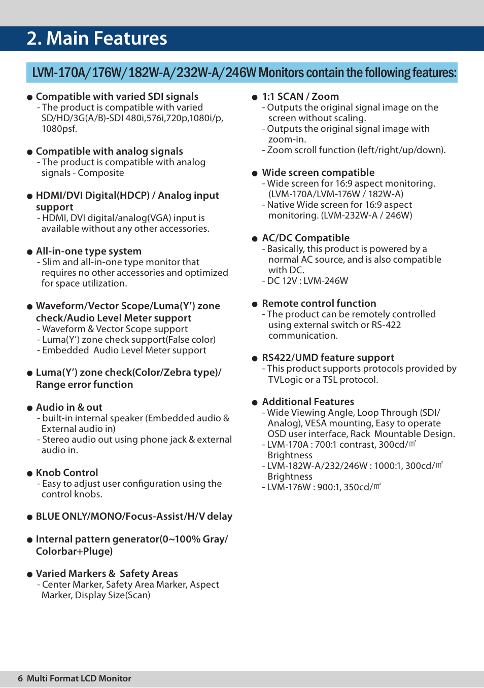 Main features | TVLogic LVM-170A User Manual | Page 6 / 64